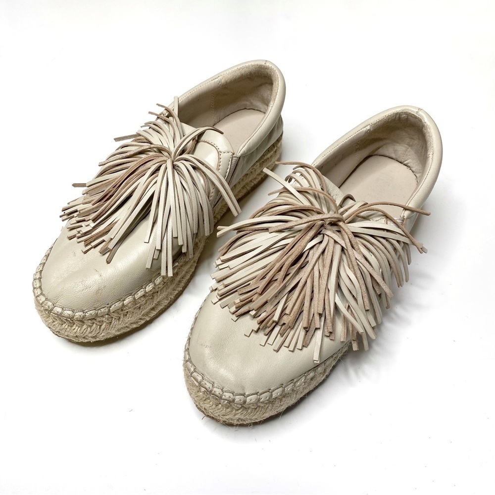 Renvy Leather Espadrilles Platform Slip On Tassel Fringe Beige Size 9.5